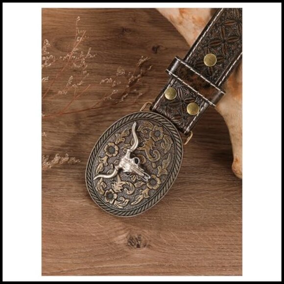 Retro Western Belt Metal Buckle Faux Leather Floral Waist Accessory